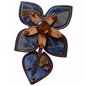Muy Miu Large Leather Velvet Stones Brooch Pin